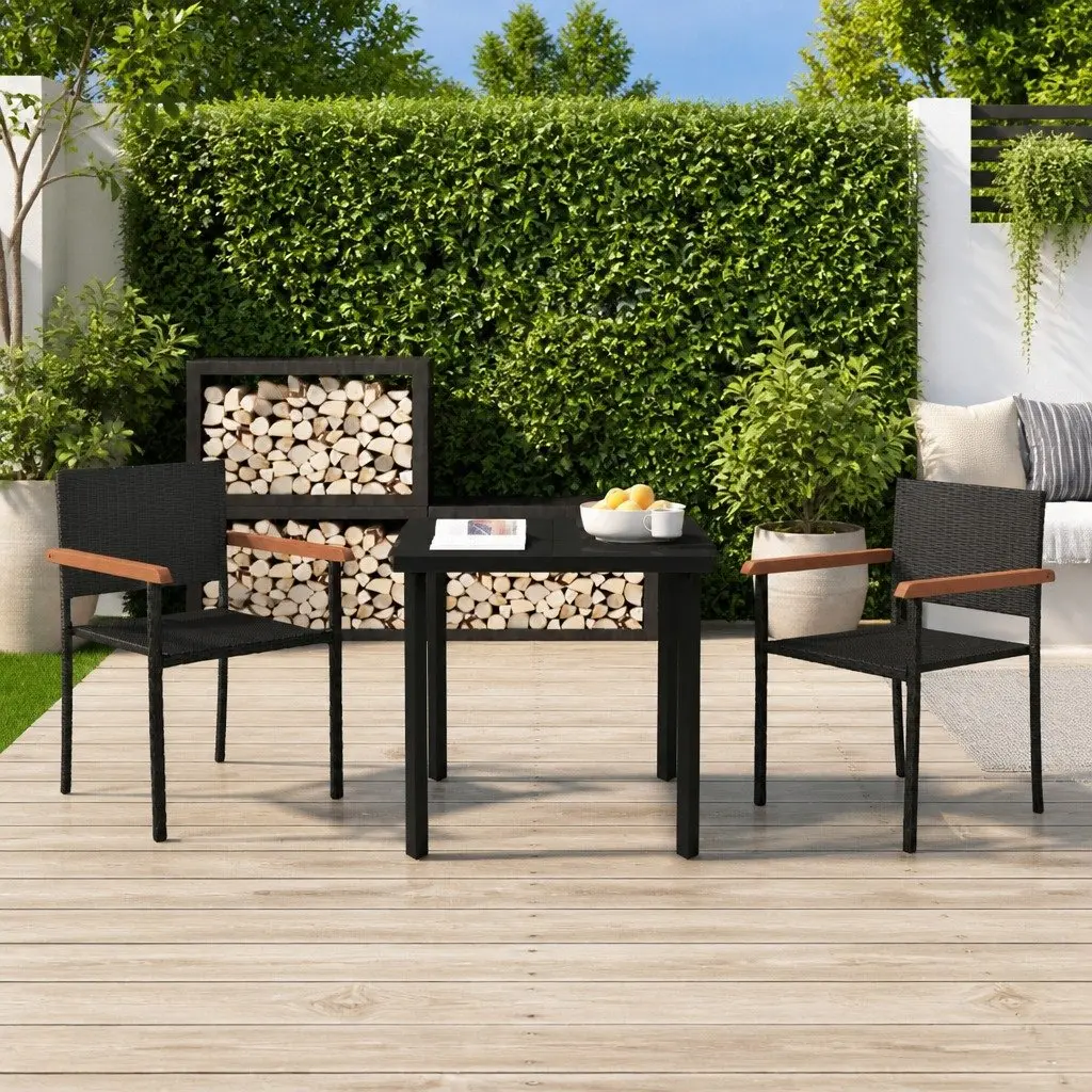 Garden Dining Set 3 Piece Black Outdoor Patio Furniture Table Chairs Rattan