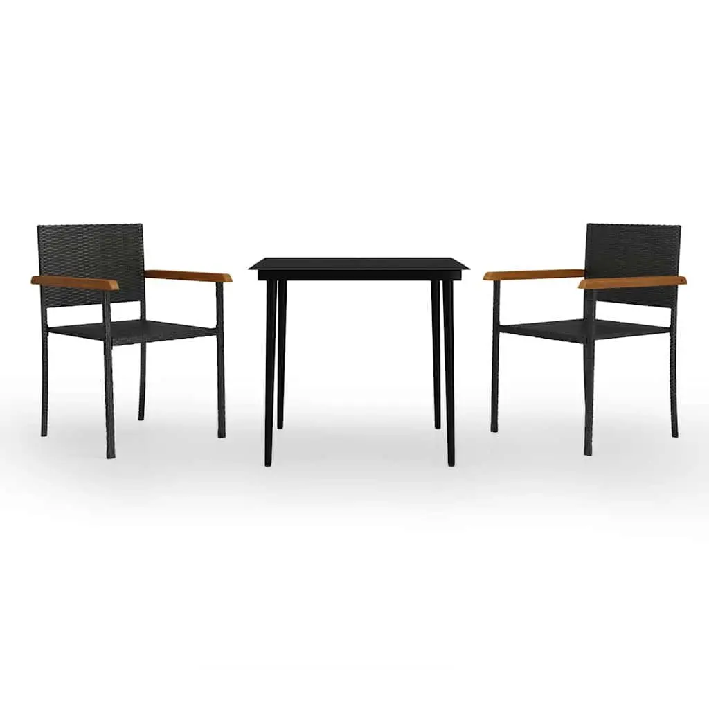 Garden Dining Set 3 Piece Outdoor Furniture Black Glass Table Rattan Chairs