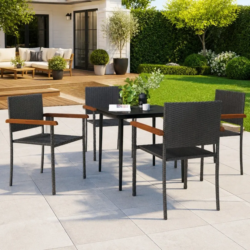 Outdoor Furniture Dining Set 5 Piece Black Rattan Chairs Glass Top Powder Coated Steel Frame Water Resistant