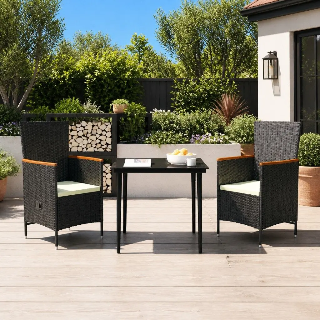 3 Piece Garden Dining Set Black Rattan Chairs Glass Table Outdoor Furniture