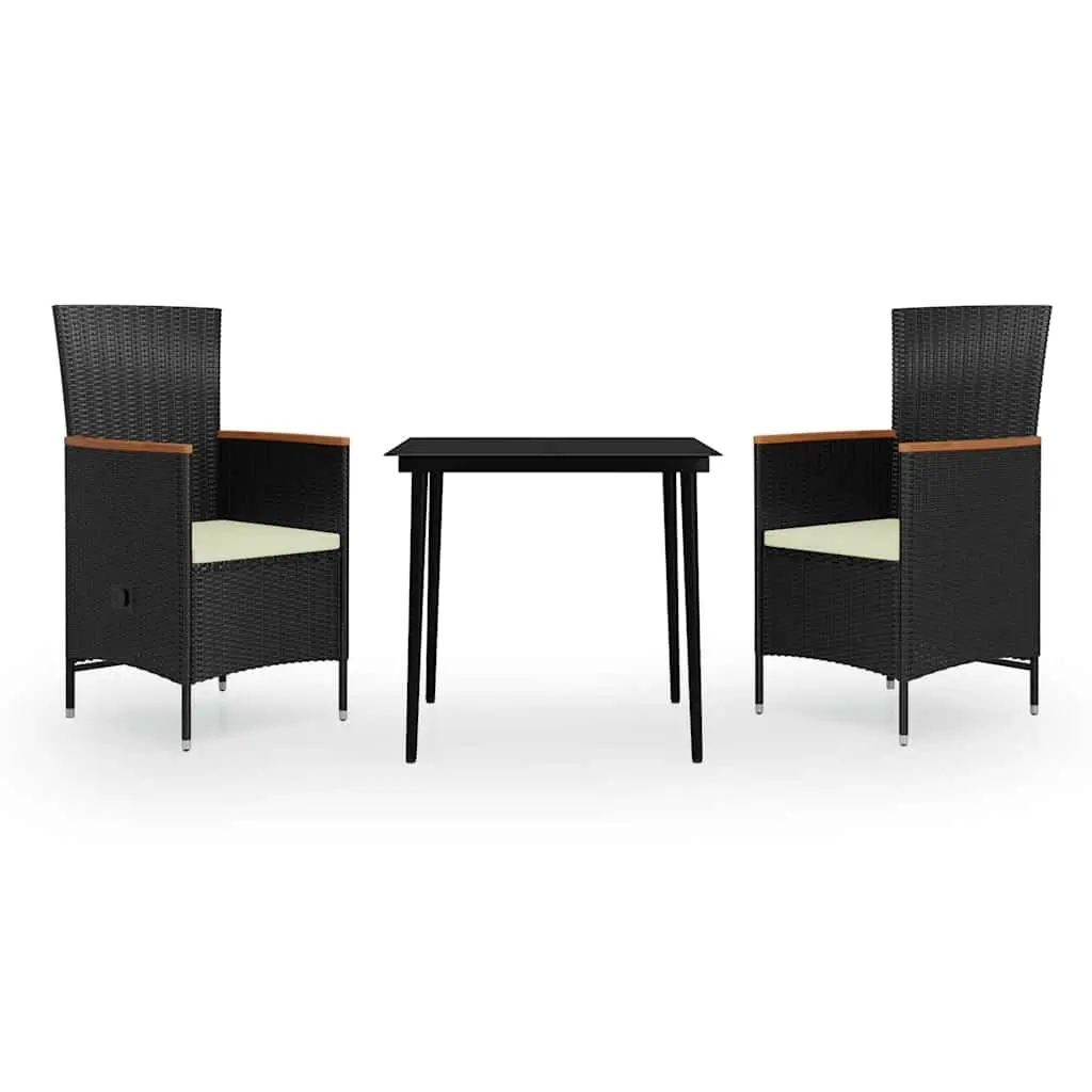 3 Piece Garden Dining Set Black Rattan Chairs Glass Table Outdoor Furniture