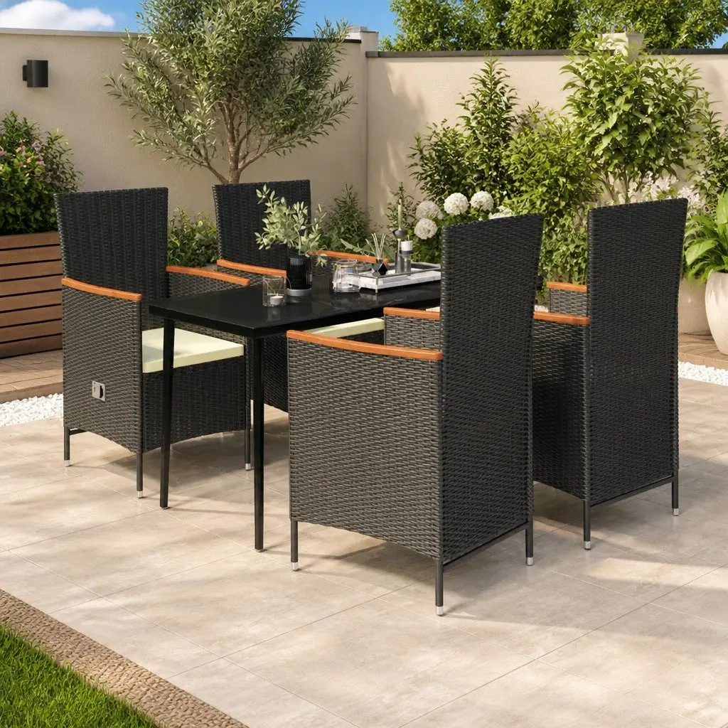5 Piece Garden Dining Set Black Steel Rattan Chairs Glass Table Outdoor Furniture