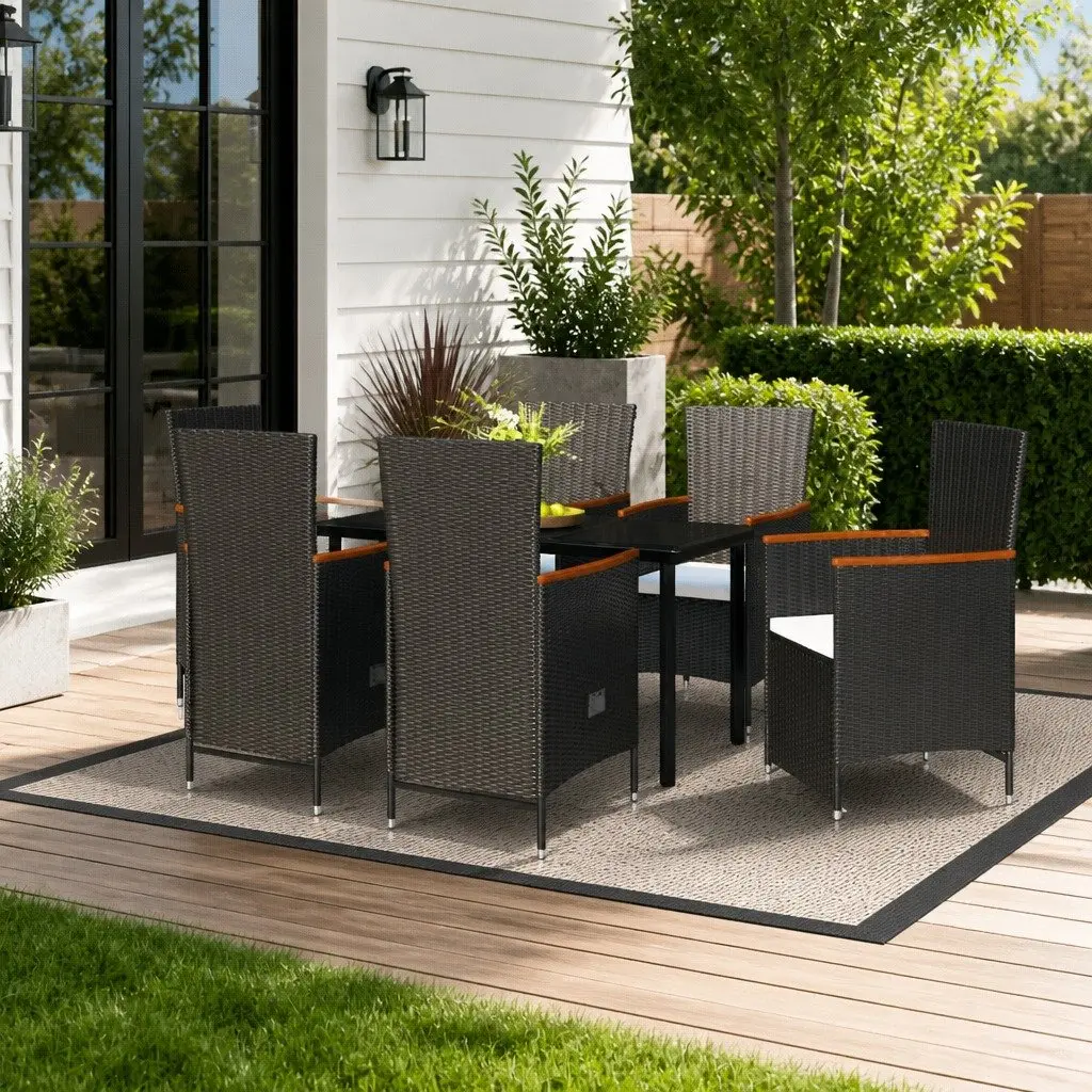 7 Piece Garden Dining Set Black Rattan Chairs Glass Table Outdoor Patio Furniture