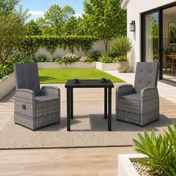 Garden Dining Set 3 Piece Outdoor Patio Furniture Grey Rattan Chairs Glass Table