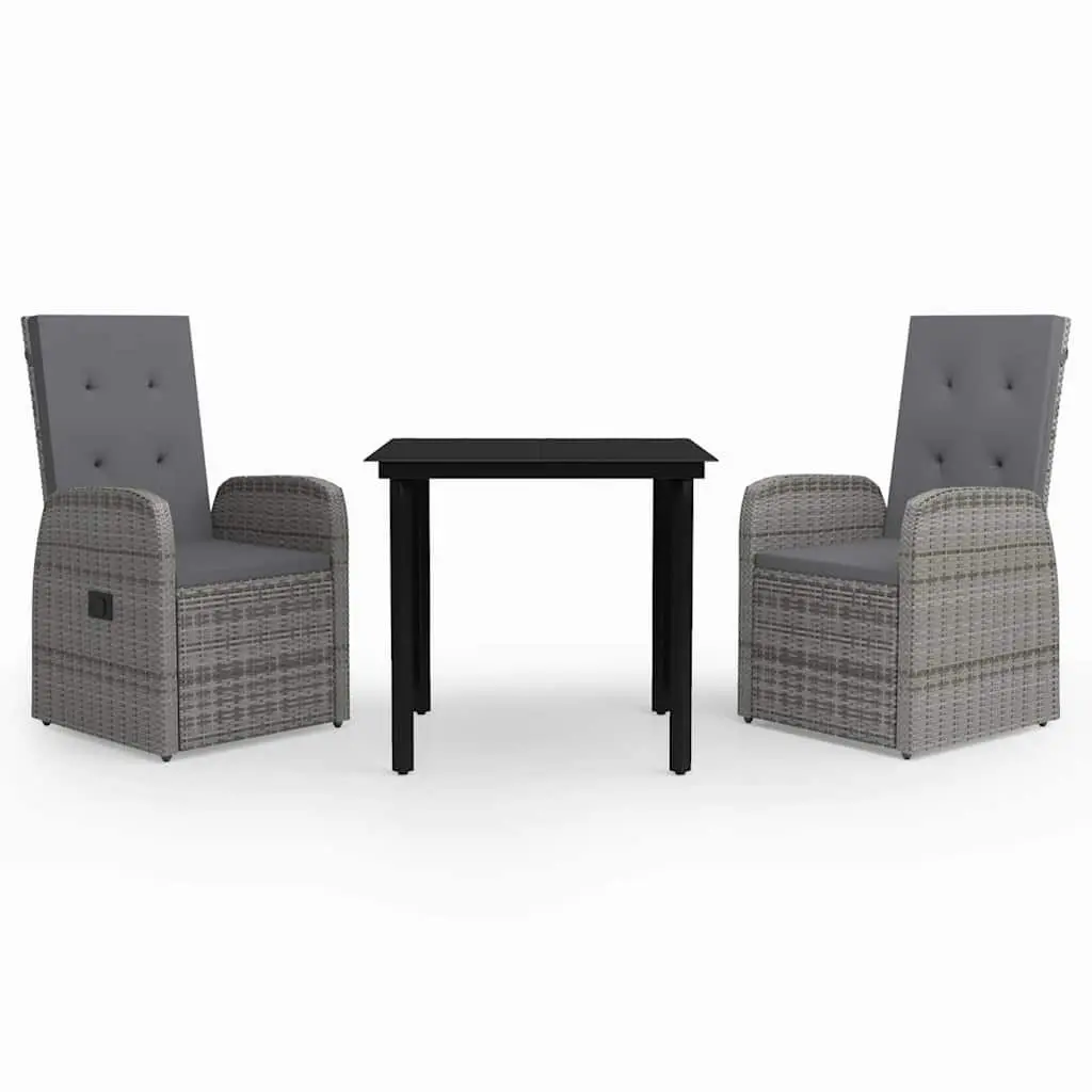 Garden Dining Set Grey 3 Piece Outdoor Patio Furniture Rattan Chairs Glass Table
