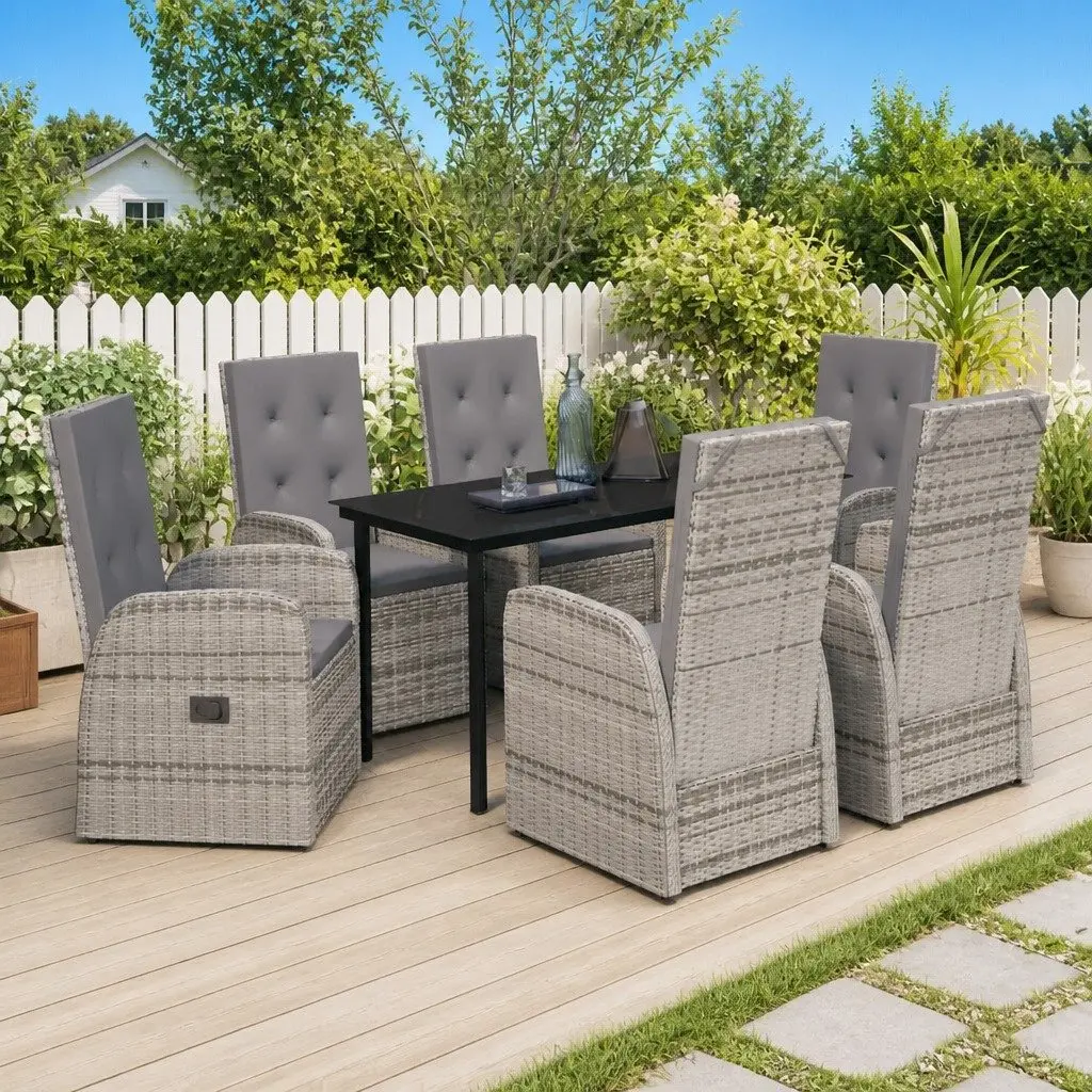 7 Piece Garden Dining Set Grey Rattan Chairs Glass Table Outdoor Patio Furniture