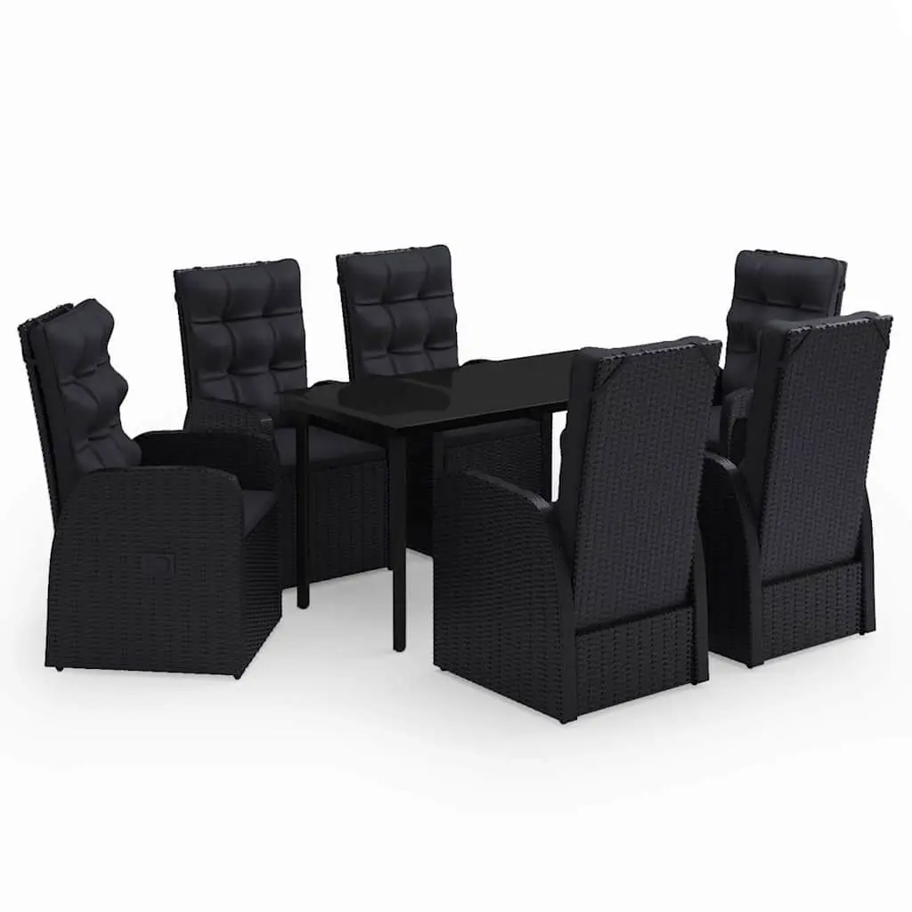 7 Piece Outdoor Garden Dining Set Black Rattan Chairs Glass Table Patio