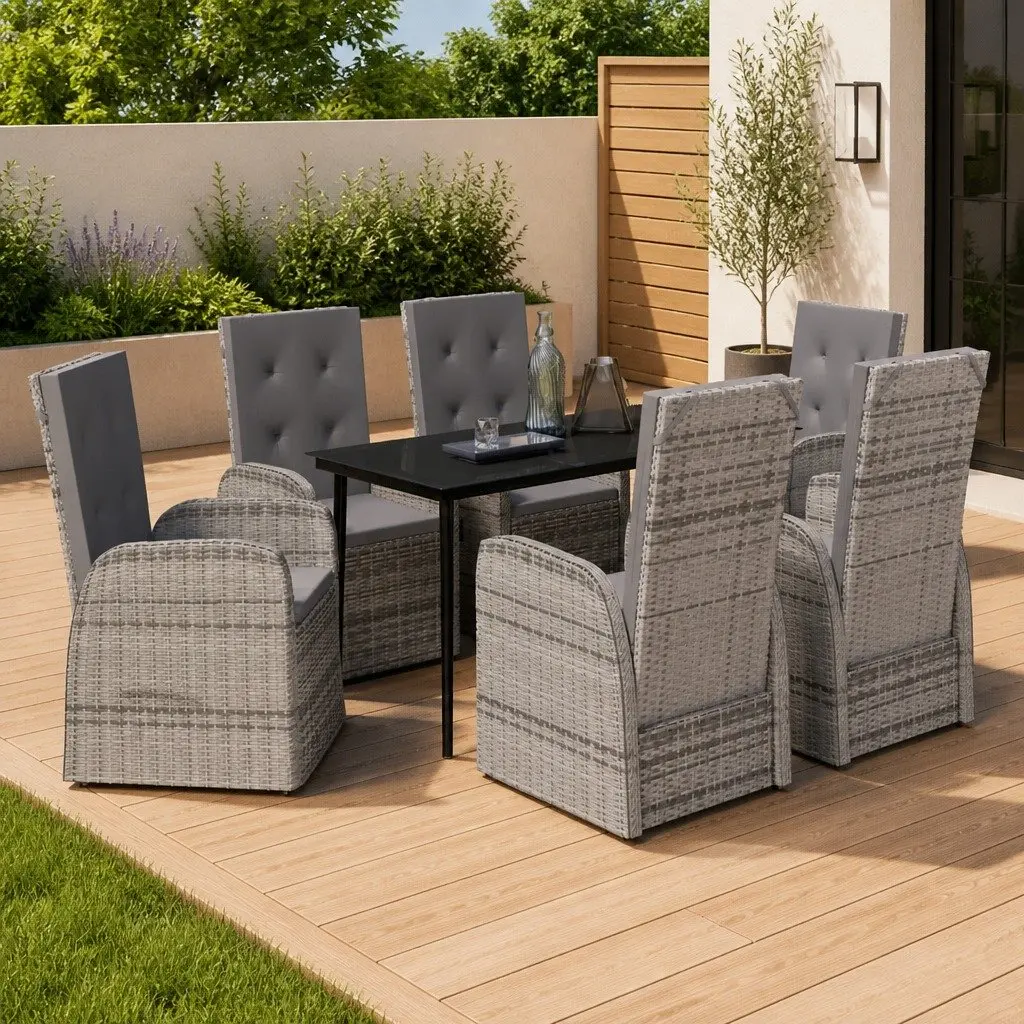 7 Piece Garden Dining Set with Grey Rattan and Glass