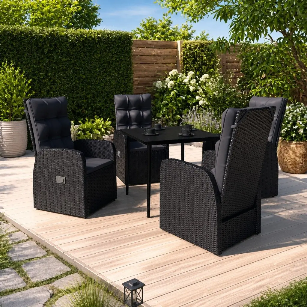 Outdoor Dining Set Black Steel Frame Rattan Chairs with Cushions 5 Piece