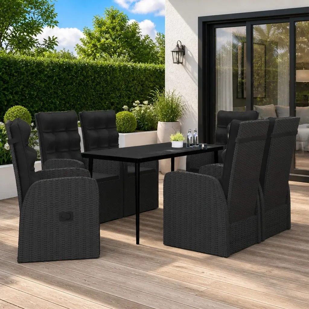 7 Piece Outdoor Garden Dining Set Black Rattan Chairs Glass Table Cushions Adjustable Backrest