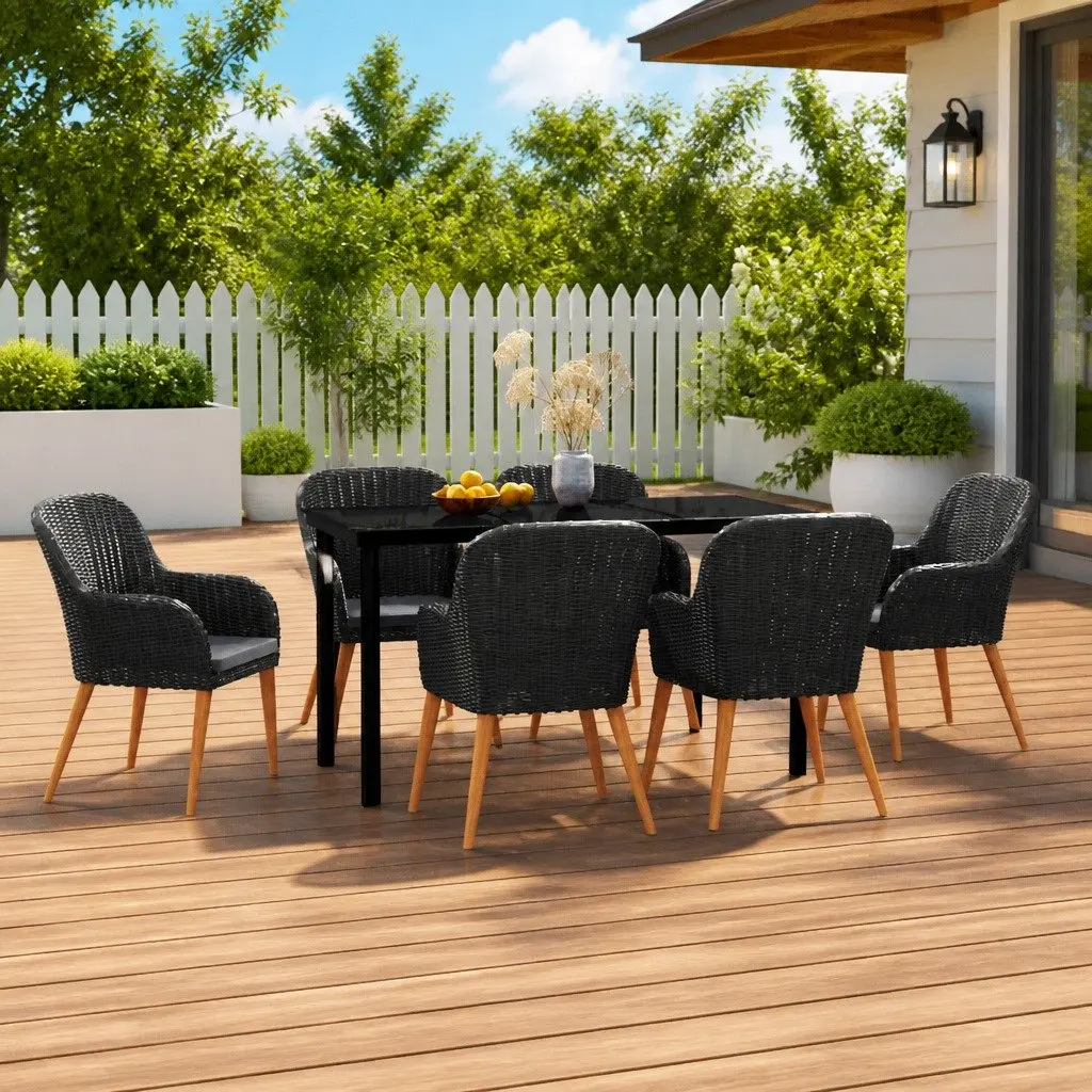 7 Piece Outdoor Garden Dining Set Black with Cushions Sturdy Powder-coated Steel Frames Water-resistant PE Rattan Chairs