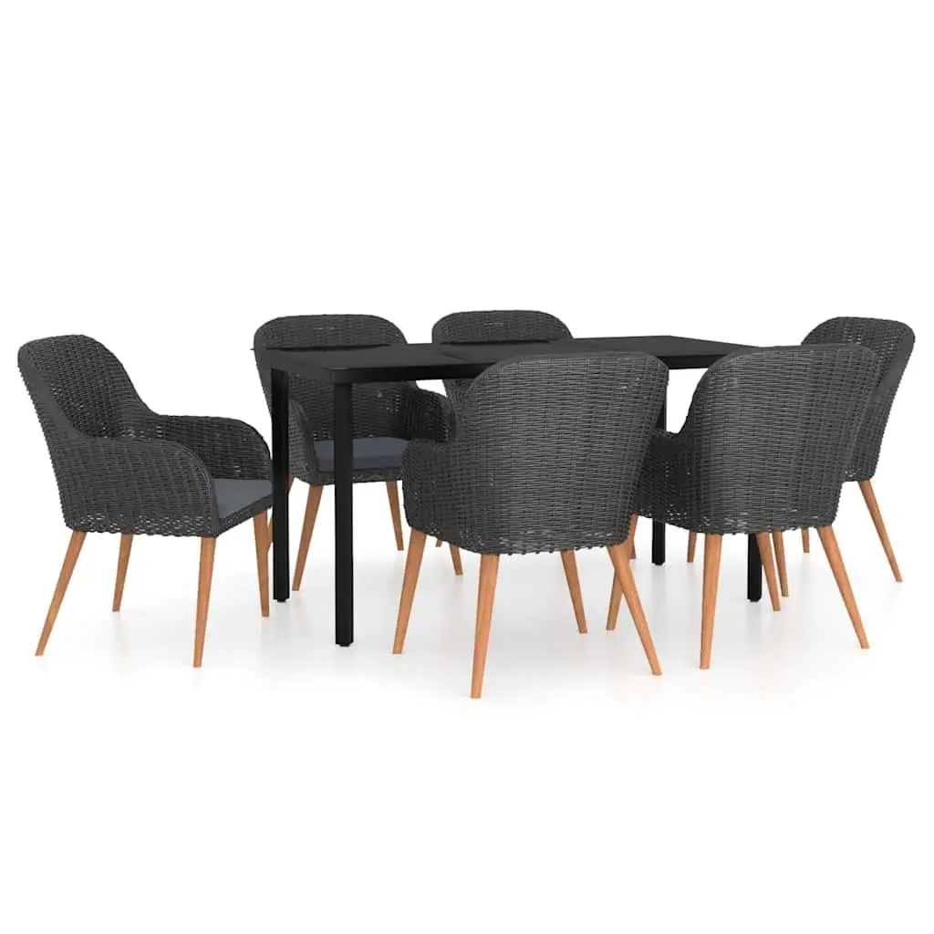 7 Piece Outdoor Garden Dining Set Black with Cushions Sturdy Powder-coated Steel Frames Water-resistant PE Rattan Chairs