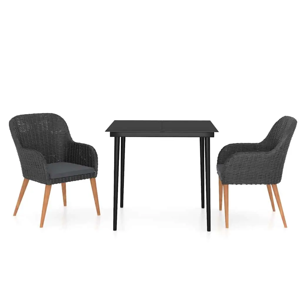 Garden Dining Set Black 3 Piece Outdoor Furniture Table with Glass Top and Cushions
