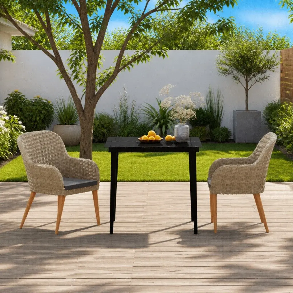 Garden Dining Set Brown 3 Piece Outdoor Furniture Table Chairs with Cushions