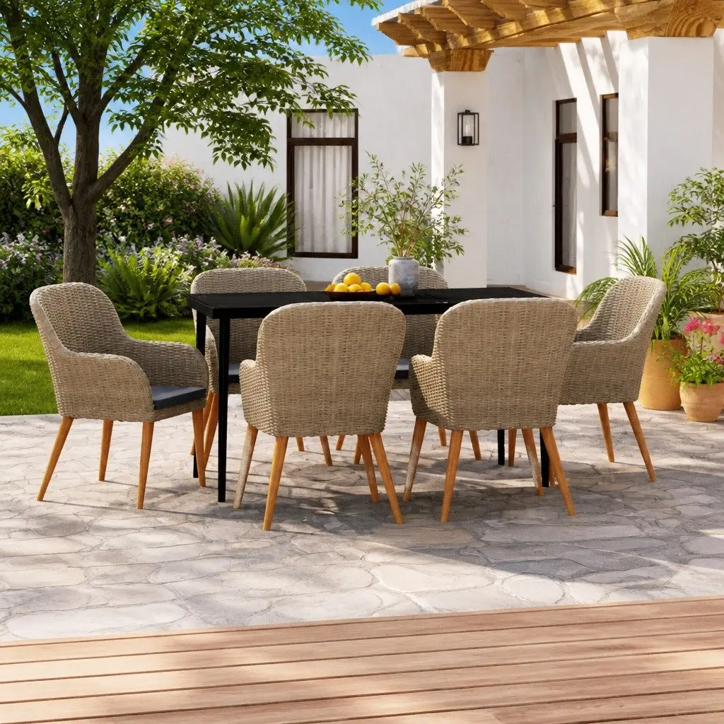 7 Piece Garden Dining Set Brown Outdoor Furniture Patio Chairs with Cushions