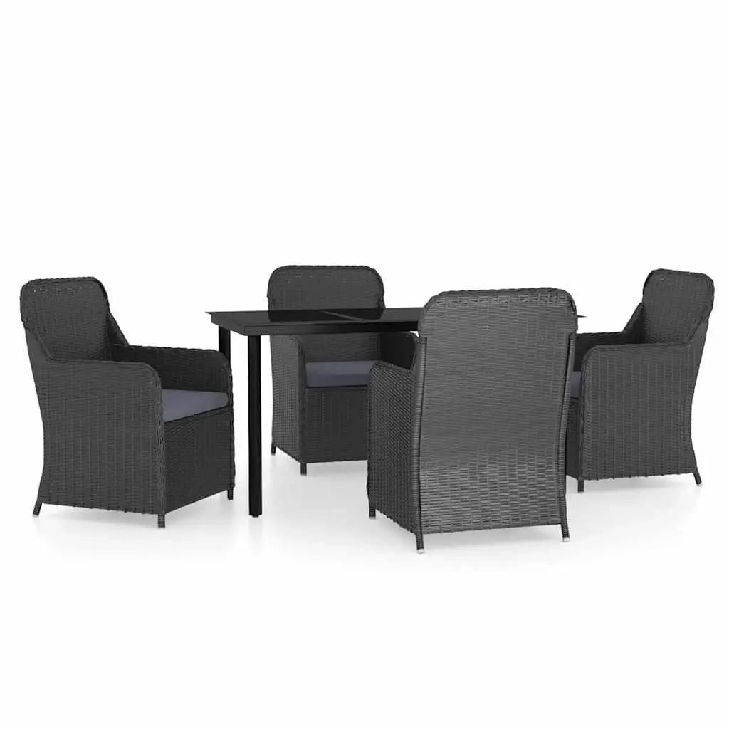 5 Piece Outdoor Garden Dining Set Black Steel Frame Rattan Chairs Glass Table