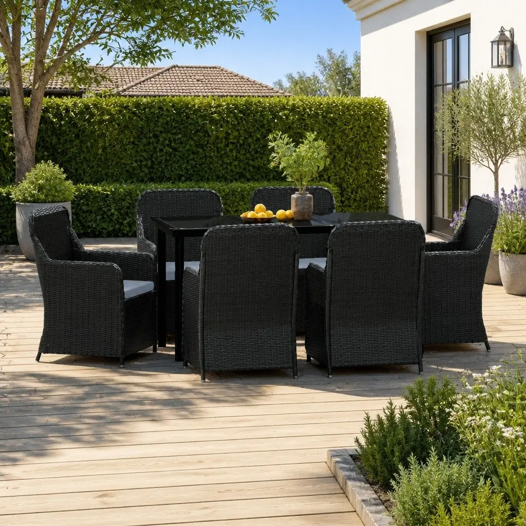 7 Piece Garden Dining Set Black Rattan Chairs Table Powder-Coated Steel Frames Water-Resistant Cushions Glass Top