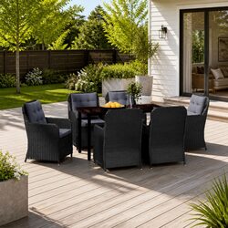 7 Piece Garden Dining Set Outdoor Furniture Black Steel Frame PE Rattan Chairs