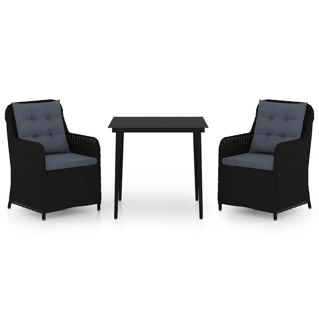 3 Piece Garden Dining Set Black Steel Frame Water-Resistant PE Rattan Chairs with Thickly-Padded Cushions and Smooth Glass Tabletop