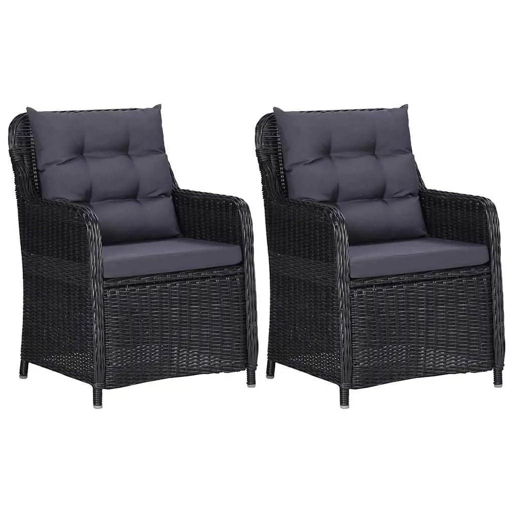 3 Piece Garden Dining Set Black Steel Frame Water-Resistant PE Rattan Chairs with Thickly-Padded Cushions and Smooth Glass Tabletop