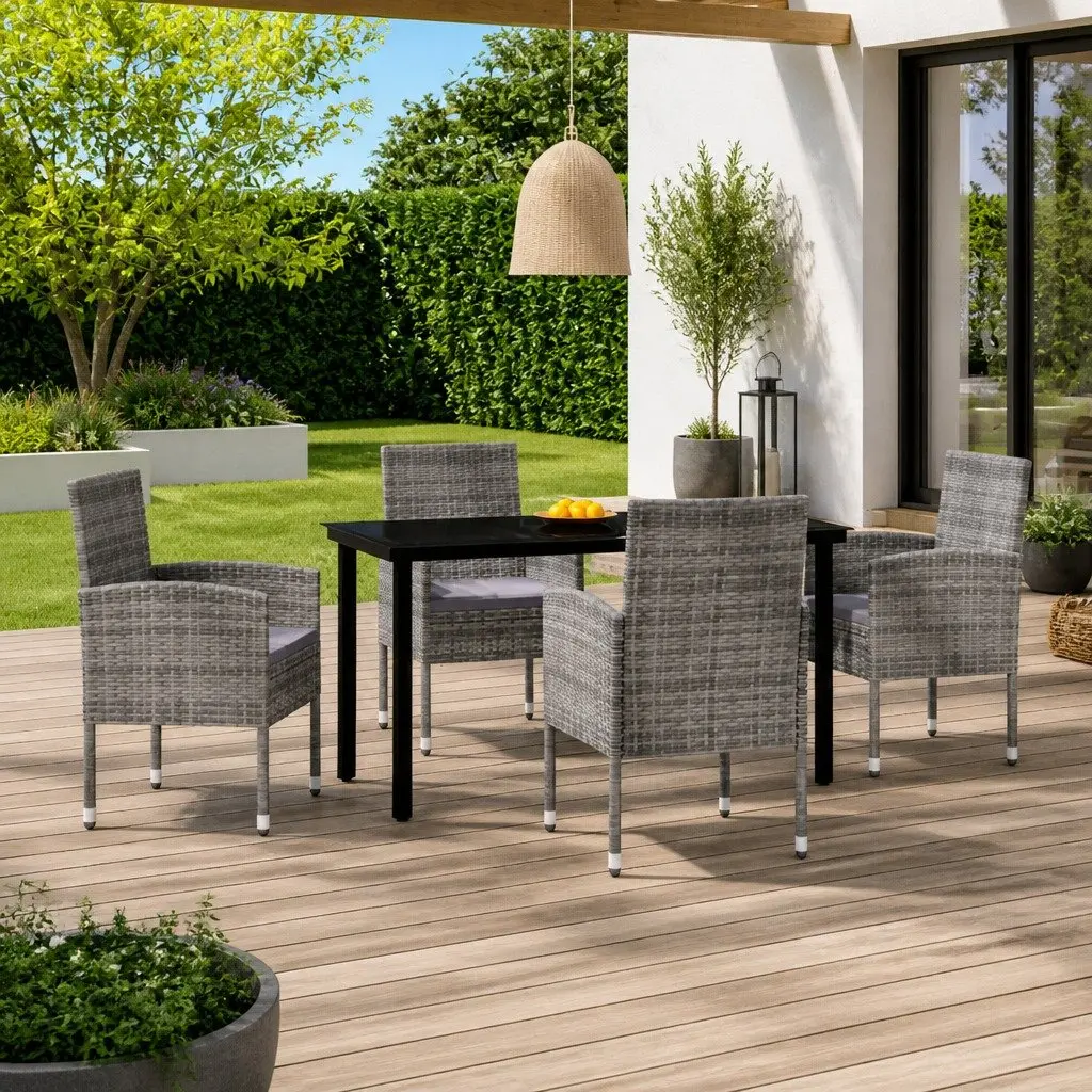 5 Piece Garden Dining Set Anthracite Steel Frame Glass Tabletop PE Rattan Chairs