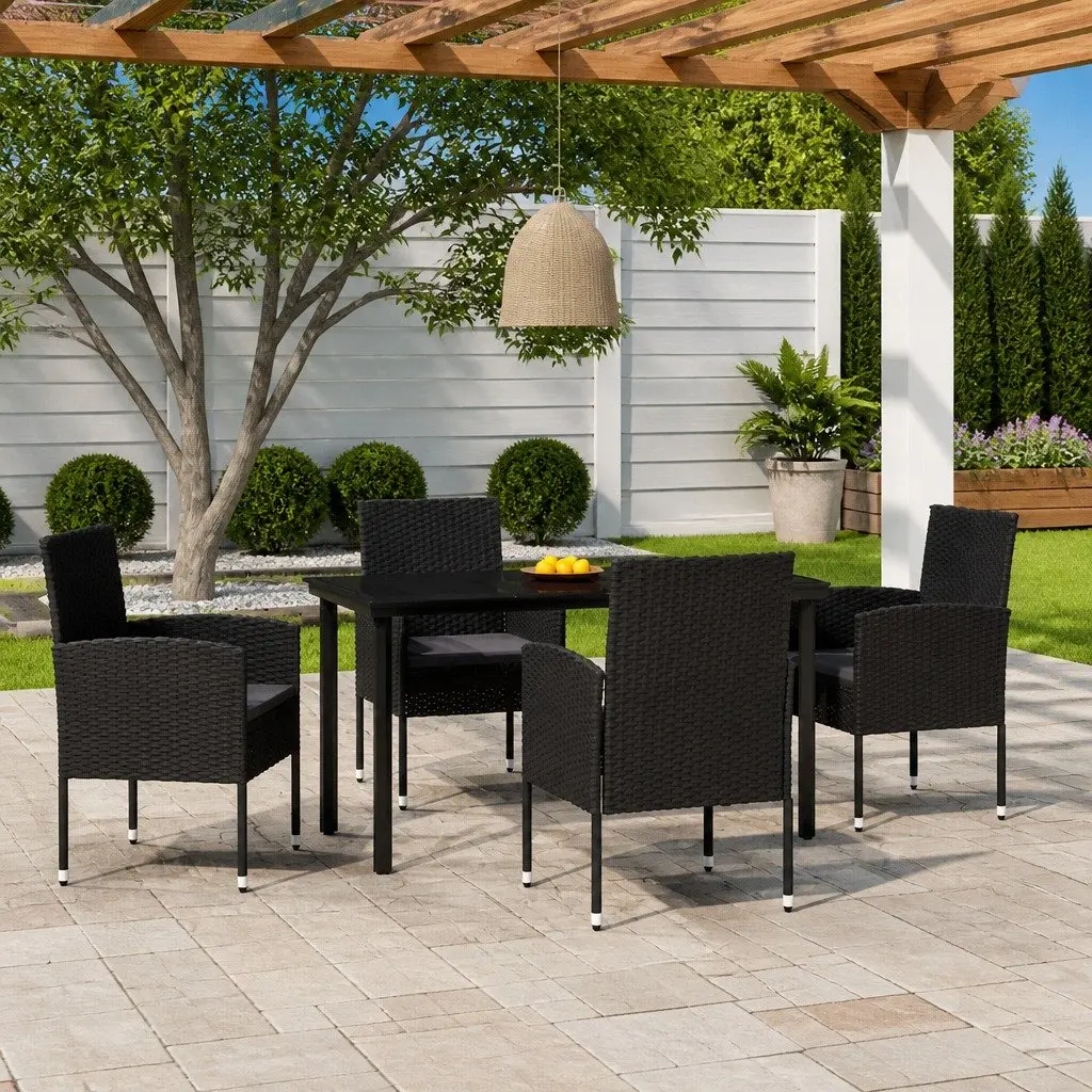 5 Piece Outdoor Garden Dining Set Black Steel Frame PE Rattan Chairs Glass Table
