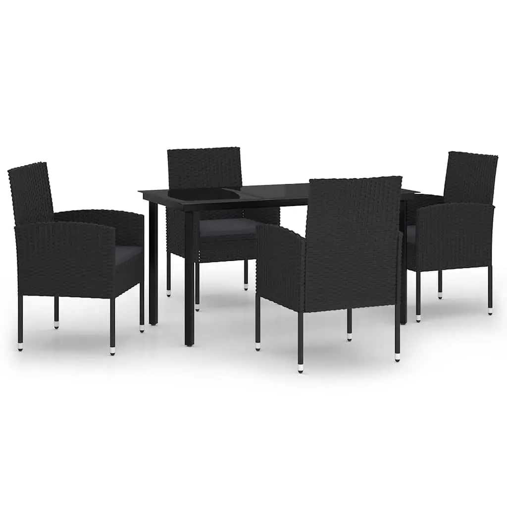 5 Piece Outdoor Garden Dining Set Black Steel Frame PE Rattan Chairs Glass Table