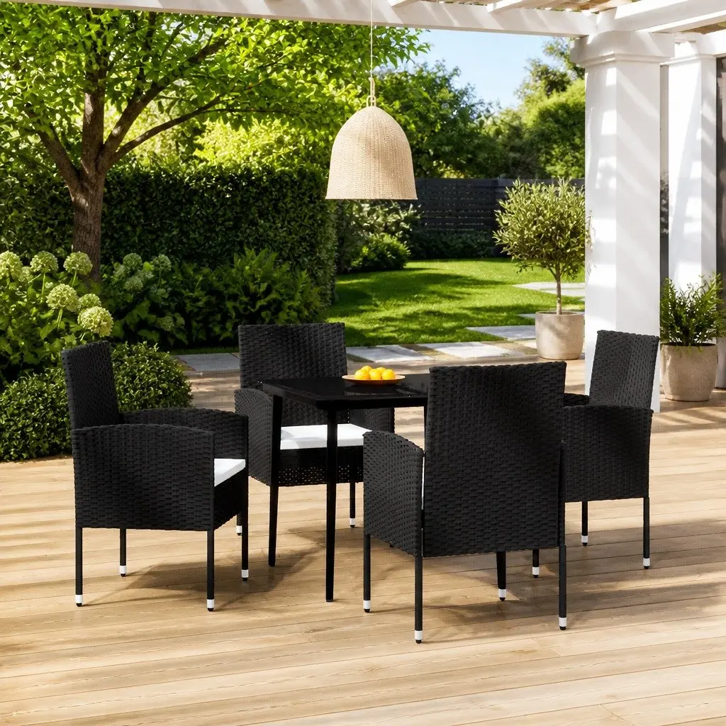 Garden Dining Set 5 Piece Outdoor Furniture Black Steel Frame Glass Table Chairs