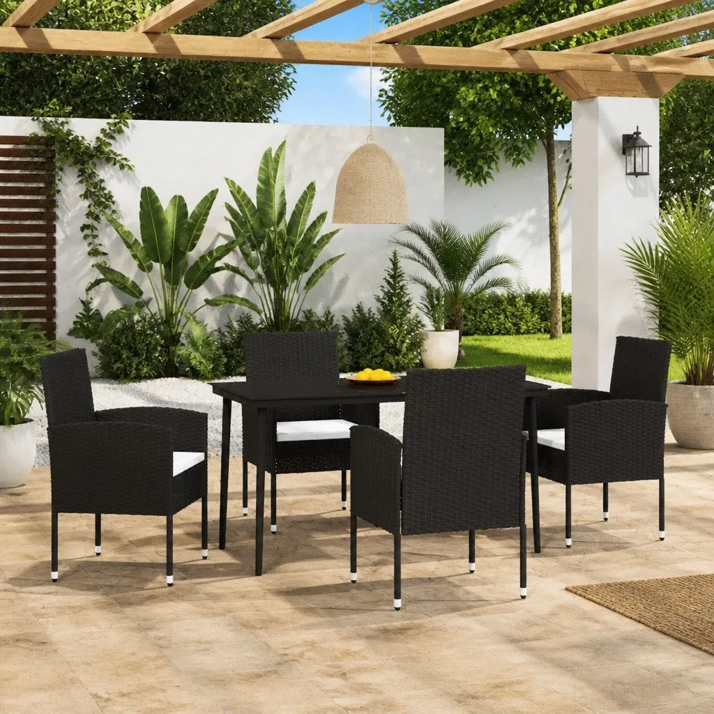5 Piece Garden Dining Set Black Steel Frame Glass Top Outdoor Patio Furniture