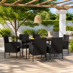 7 Piece Outdoor Dining Set Garden Furniture Black Steel Frame Glass Table