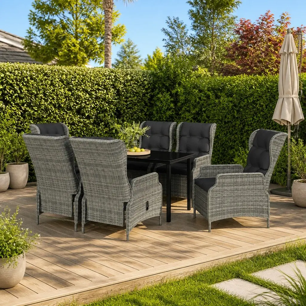 7 Piece Garden Dining Set Grey Outdoor Furniture Reclining Chairs Glass Table