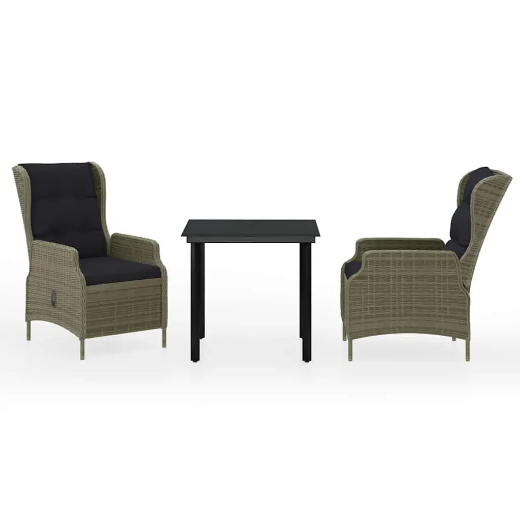 3 Piece Garden Dining Set Brown Steel Frame Reclining Chairs Glass Tabletop