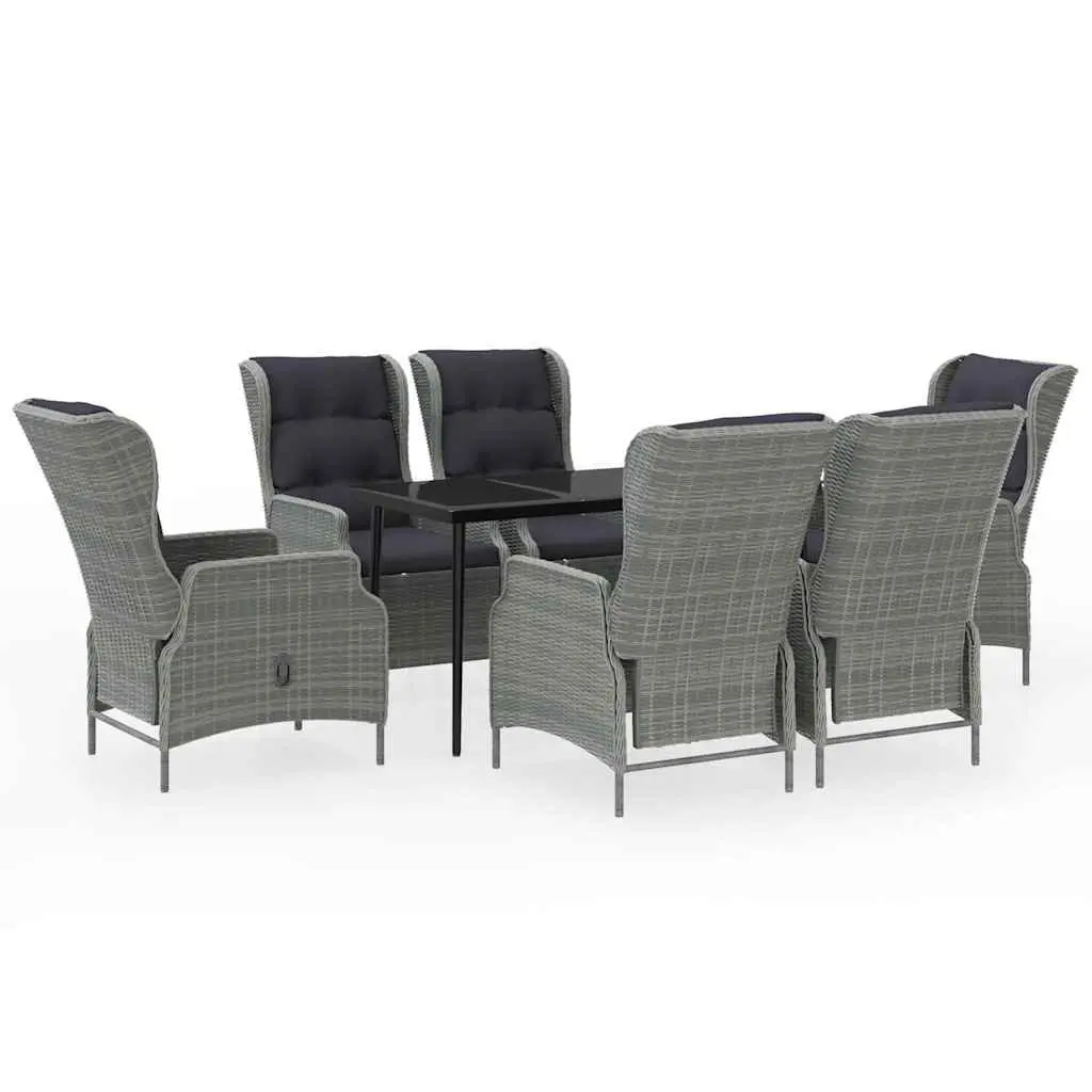 7 Piece Garden Dining Set with Glass Table and Rattan Chairs Grey Outdoor Furniture
