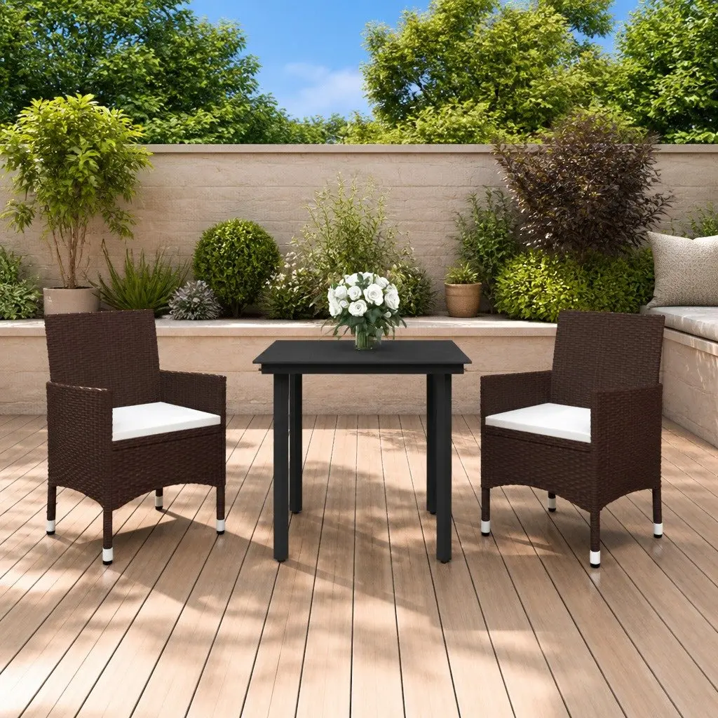 Garden Dining Set Brown 3 Piece Outdoor Furniture Rattan Chairs Glass Table