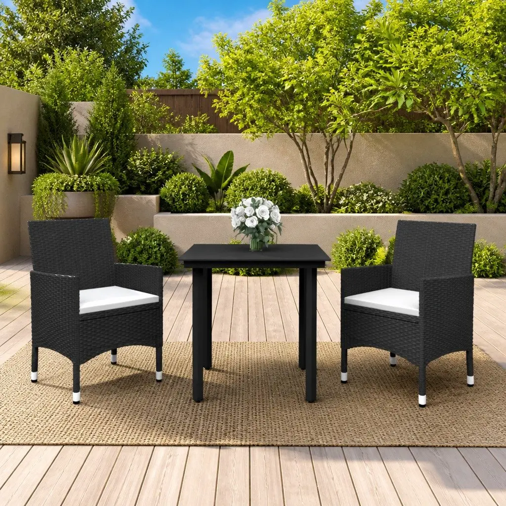 Outdoor Dining Set Black 3 Piece Garden Furniture PE Rattan Glass Table Chairs