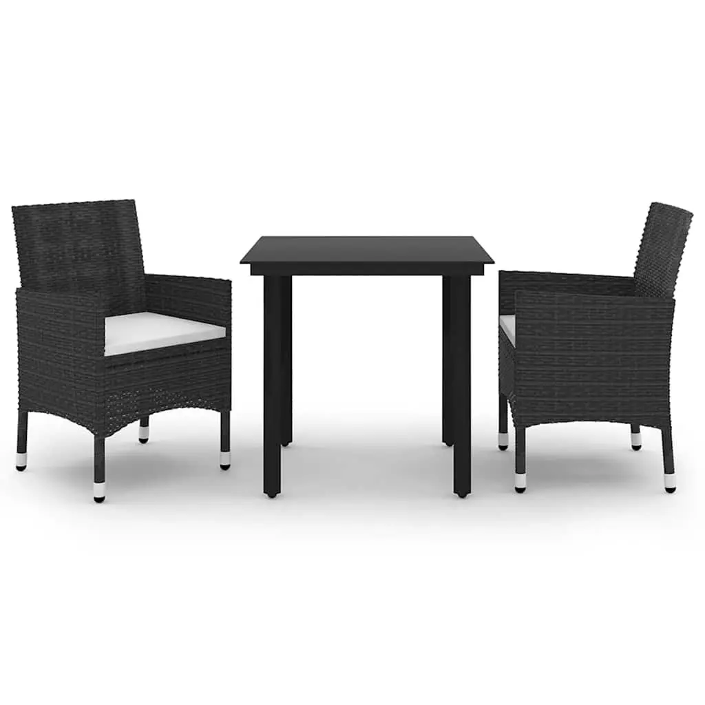 Outdoor Dining Set Black 3 Piece Garden Furniture PE Rattan Glass Table Chairs
