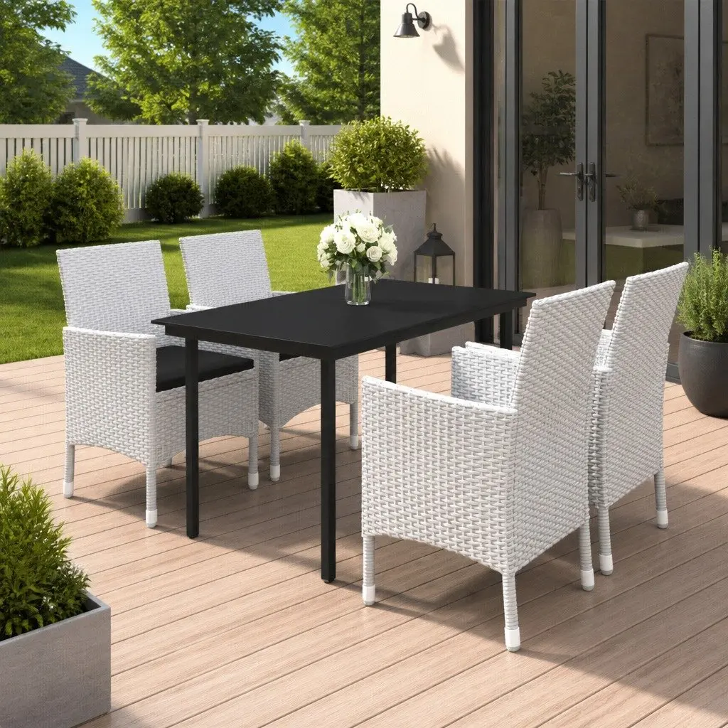 5 Piece Garden Dining Set White Outdoor Patio Furniture with Glass Table and Rattan Chairs