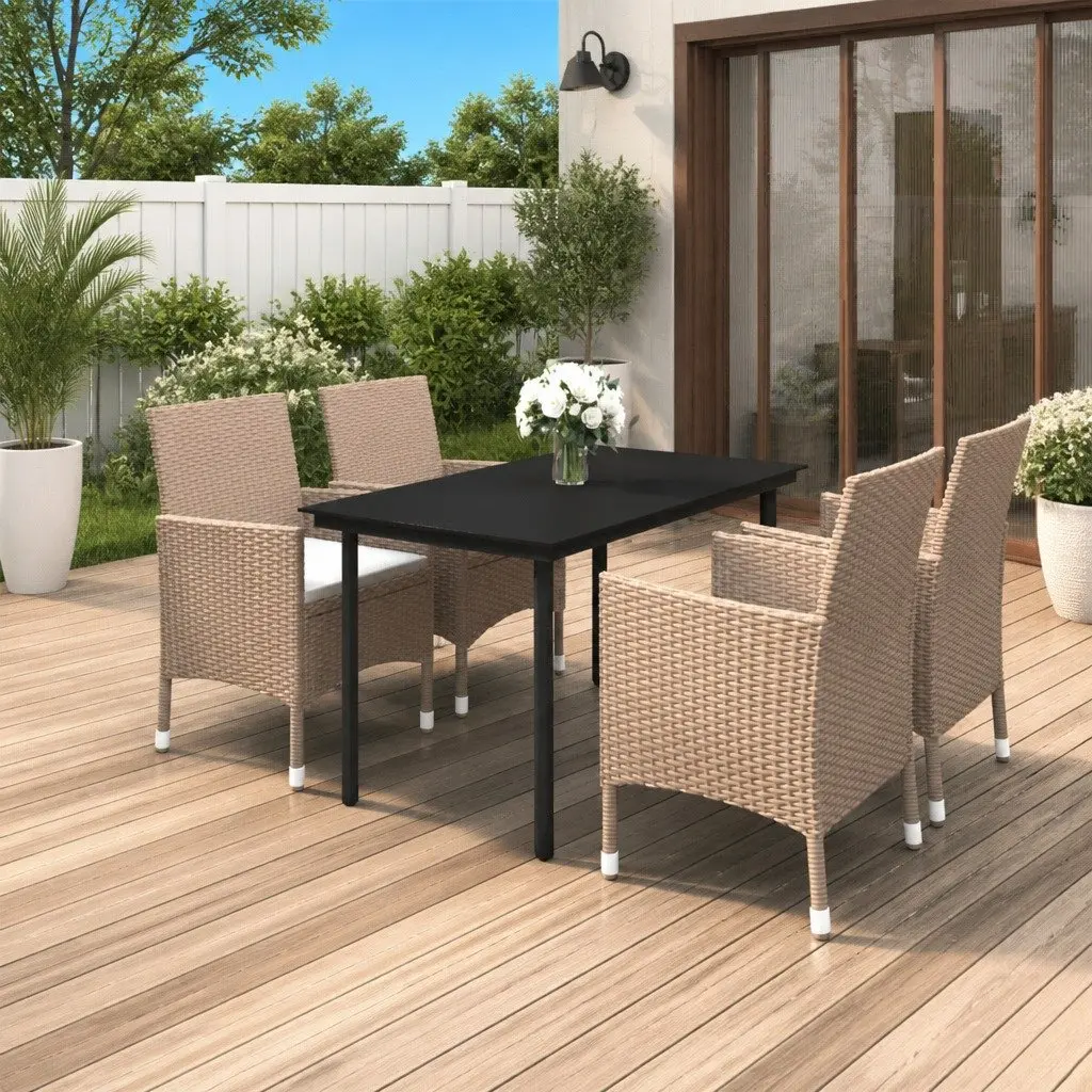 Garden Dining Set Beige 5 Piece Outdoor Furniture Poly Rattan Glass Table Chairs