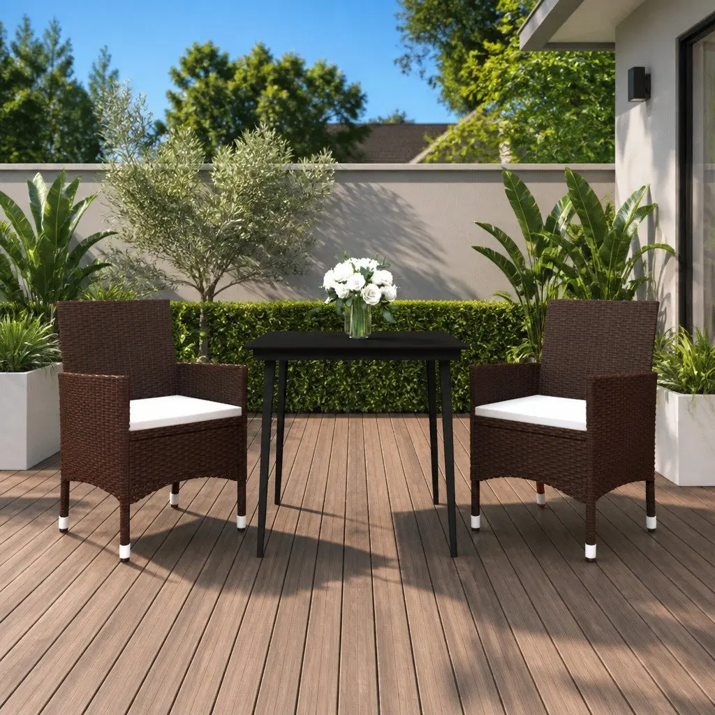 Garden Dining Set 3 Piece Outdoor Furniture Brown Poly Rattan Glass Table Chairs