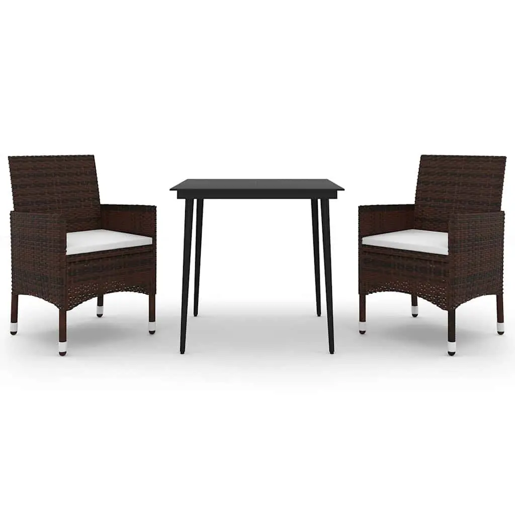 Garden Dining Set 3 Piece Outdoor Furniture Brown Poly Rattan Glass Table Chairs