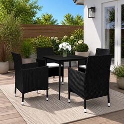 Outdoor Garden Dining Set 5 Piece Glass Table Poly Rattan Chairs with Cushions