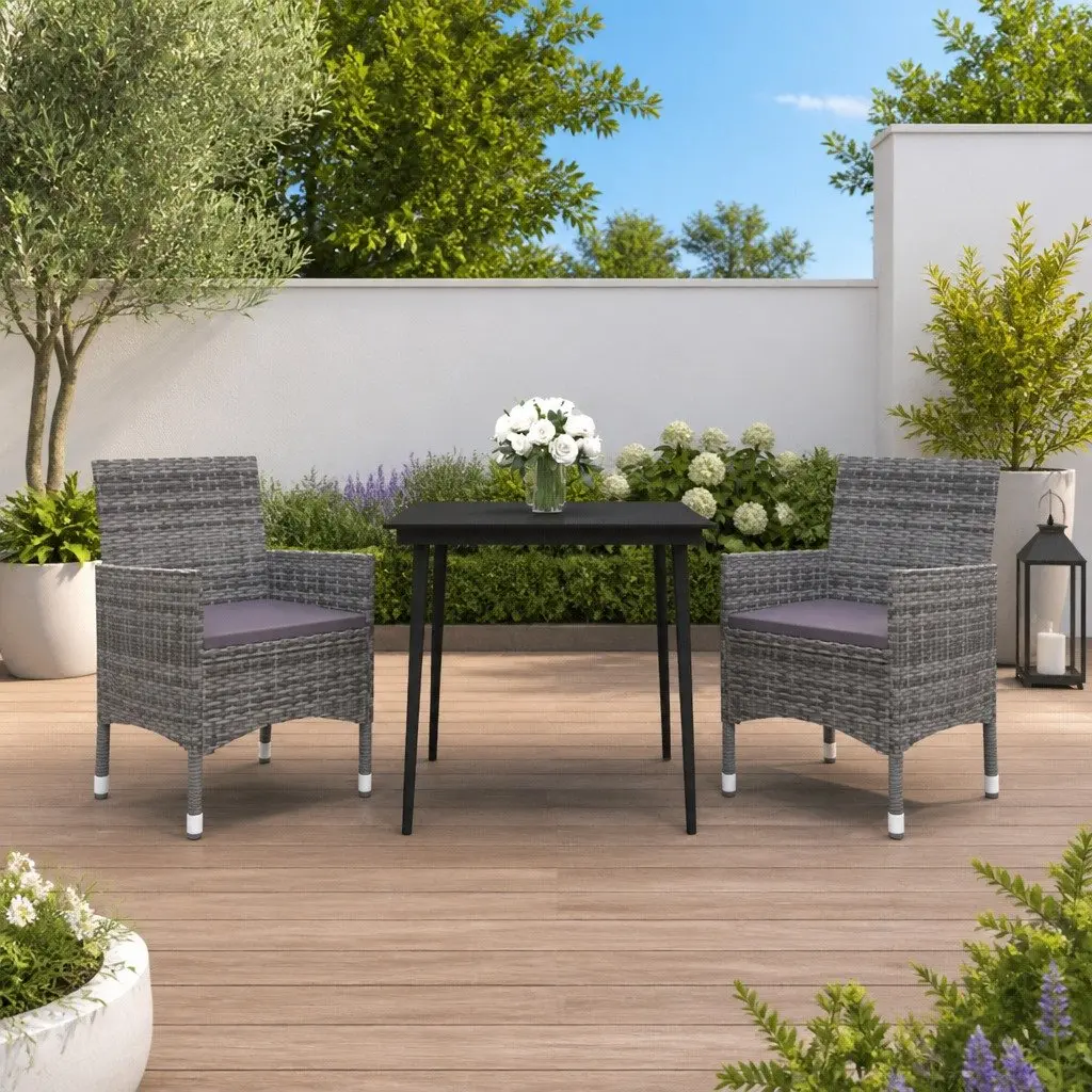 Garden Dining Set Grey 3 Piece Outdoor Furniture PE Rattan Cushioned Glass Table