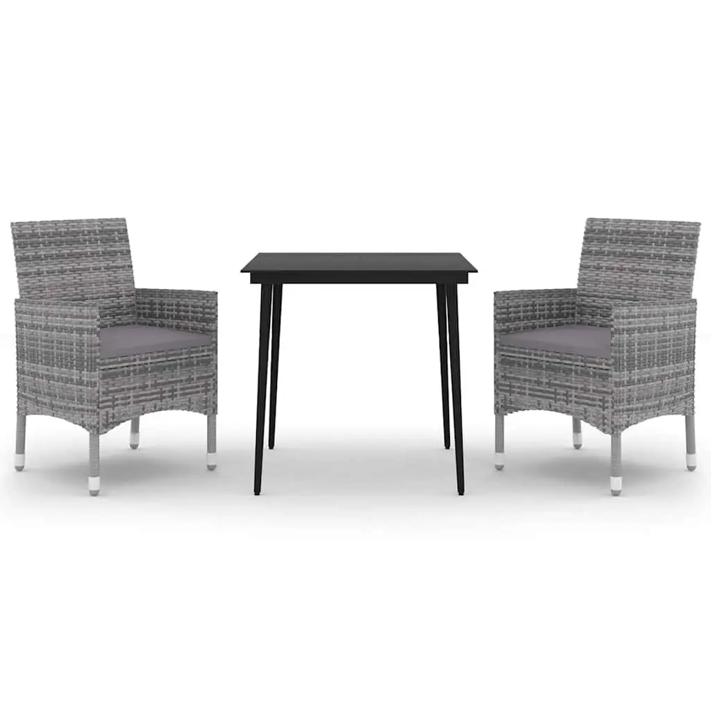 Garden Dining Set Grey 3 Piece Outdoor Furniture PE Rattan Cushioned Glass Table