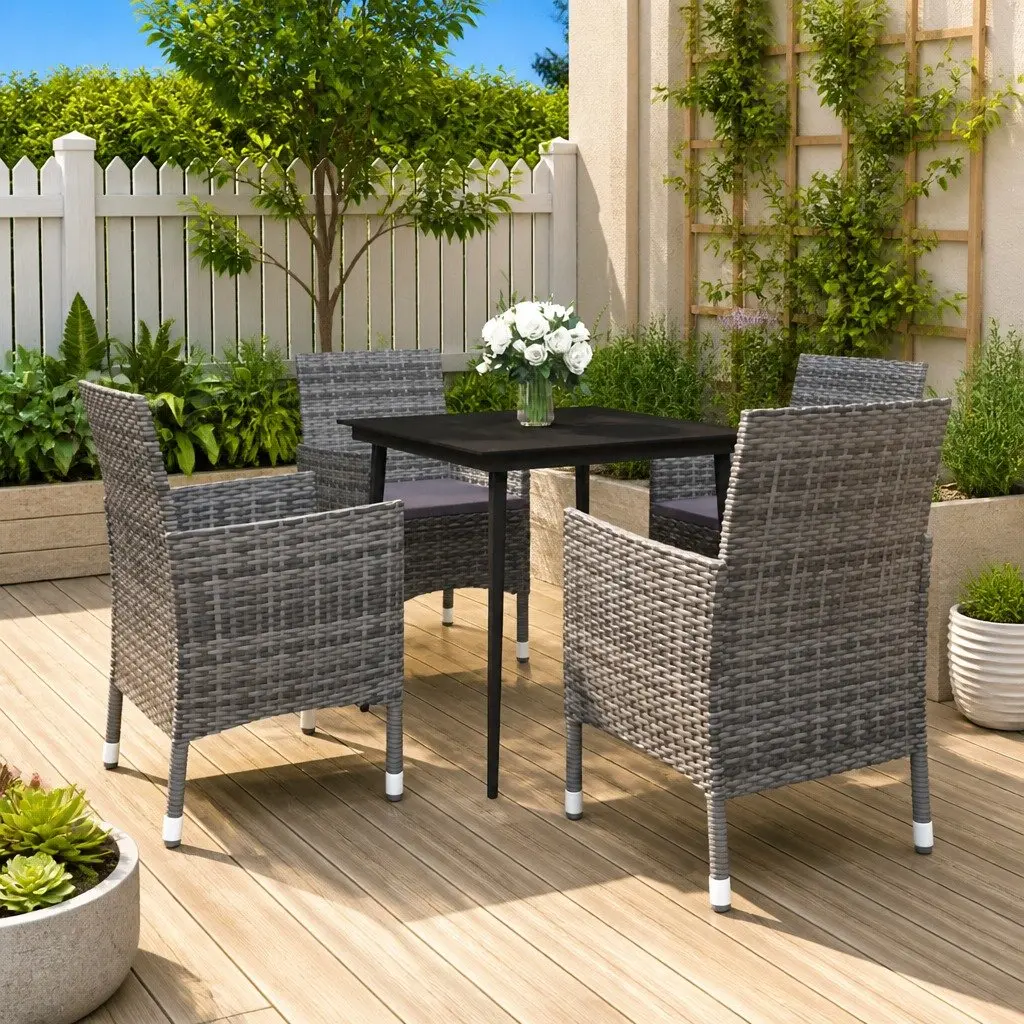 Garden Dining Set Grey 5 Piece Outdoor Furniture Poly Rattan Glass Table Chairs