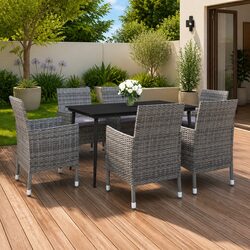 Garden Dining Set 7 Piece Outdoor Furniture Grey Poly Rattan Glass Table Chairs