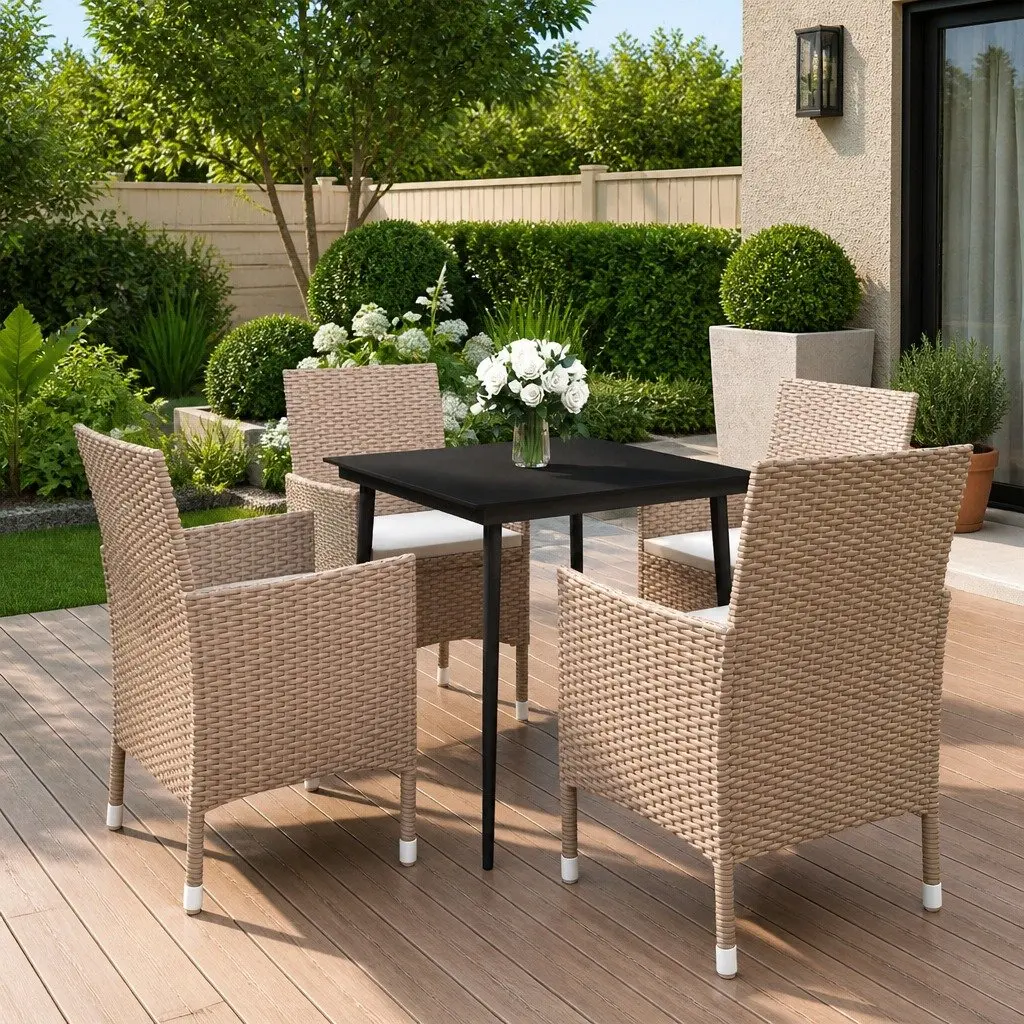 Garden Dining Set 5 Piece Outdoor Furniture Poly Rattan Chairs Glass Table Beige