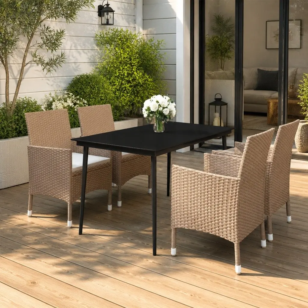 5 Piece Outdoor Dining Set Glass Table Poly Rattan Chairs with Cushions Beige