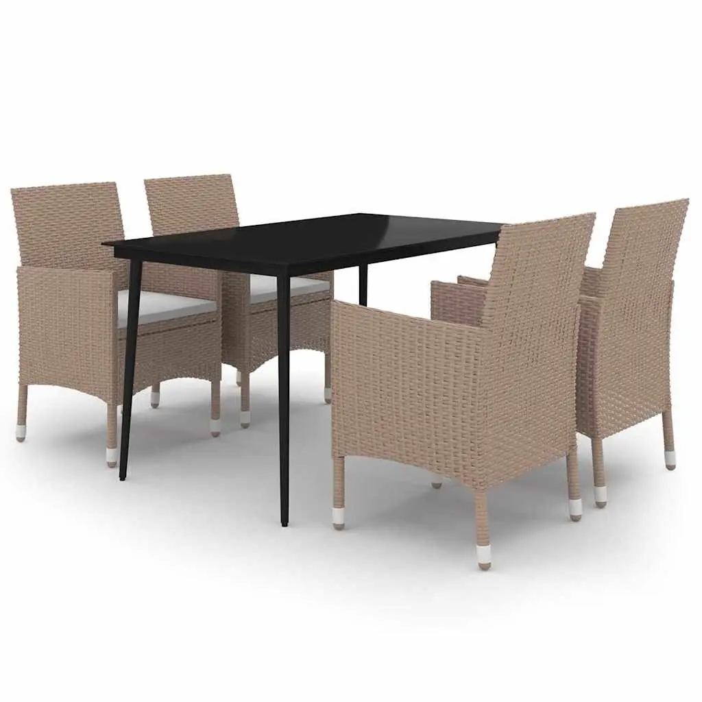 5 Piece Outdoor Dining Set Glass Table Poly Rattan Chairs with Cushions Beige