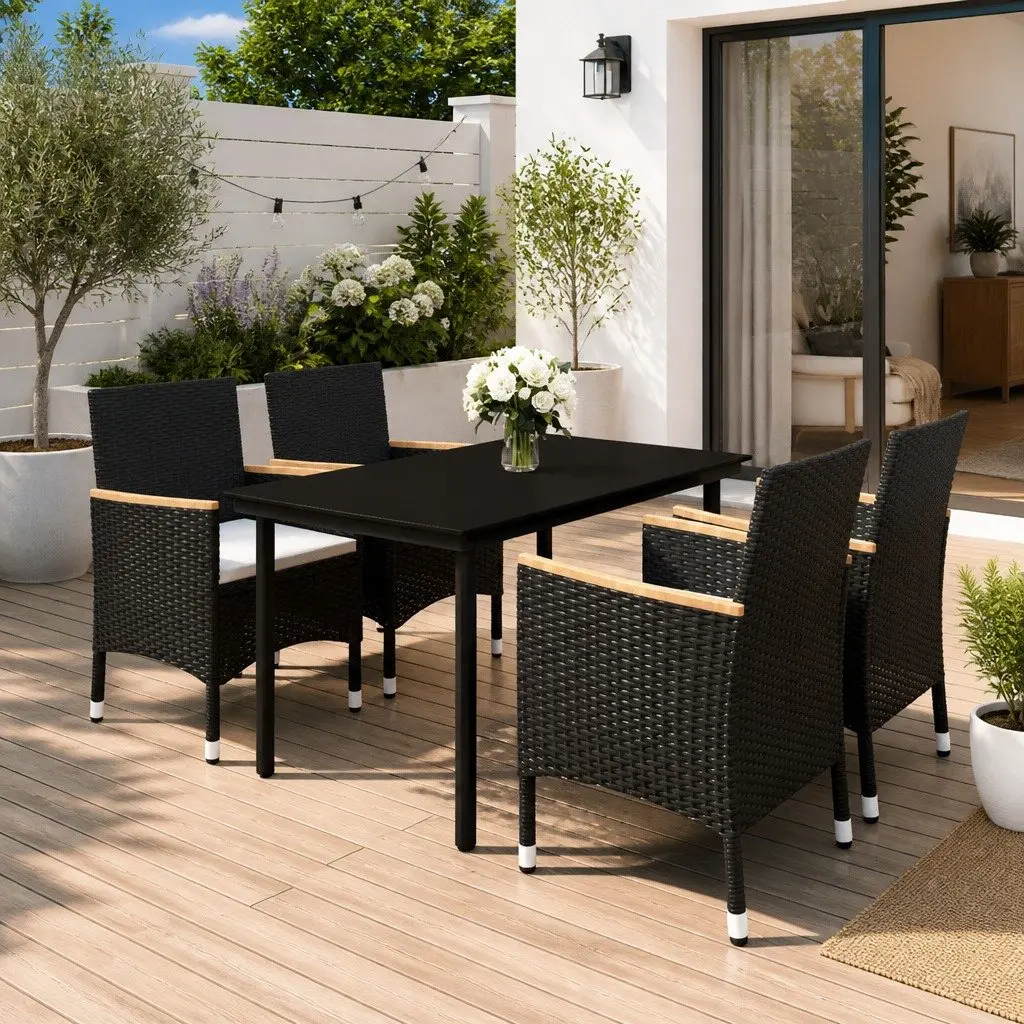 Outdoor Dining Set Black 5 Piece Glass Table Poly Rattan Chairs