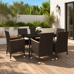 Outdoor Dining Set 7 Piece Garden Furniture Black Poly Rattan Glass Table Chairs